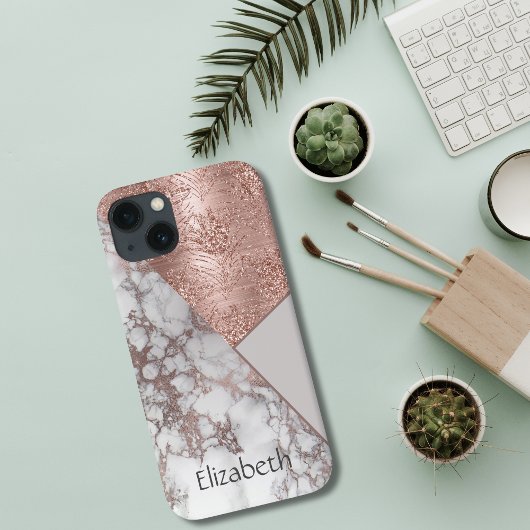 Monogram roze goud marmer wit grijs geometrisch Case-Mate iPhone case