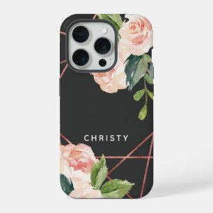 Monogram Roze Goud Waterverf Bloemen Donkergrijs iPhone 15 Pro Case