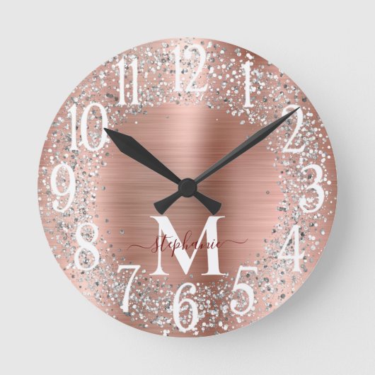 Monogram Roze Goud Zilver Glitter Glam Ronde Klok (Voorkant)