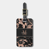 Monogram roze goud zwart marmer bagagelabel (Voorkant verticaal)