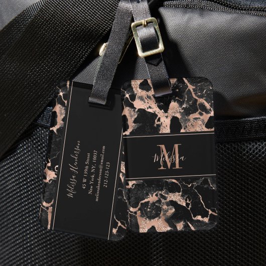 Monogram roze goud zwart marmer bagagelabel