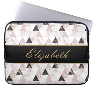 Monogram Roze Goud Zwart Witte Marmer Geometrisch Laptop Sleeve