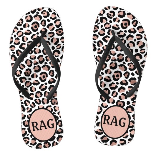 Monogram Roze Goud Zwarte Luipaardprint Trendy Teenslippers (Voetbed)