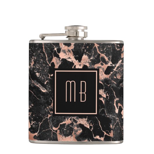 Monogram Roze Goud Zwarte Marmer Heupfles (Voorkant)
