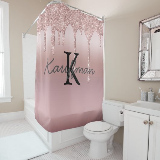 Monogram roze gouden druppel glitters trendy bad douchegordijn (In situ)