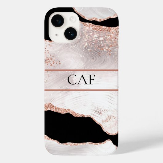 Monogram Roze Gouden Glitter Agate Zwart Wit Draai Case-Mate iPhone Case (Achterkant)