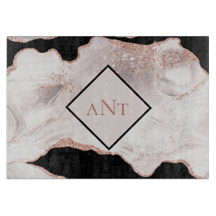 Monogram Roze Gouden Glitter Agate Zwart Wit Draai Snijplank