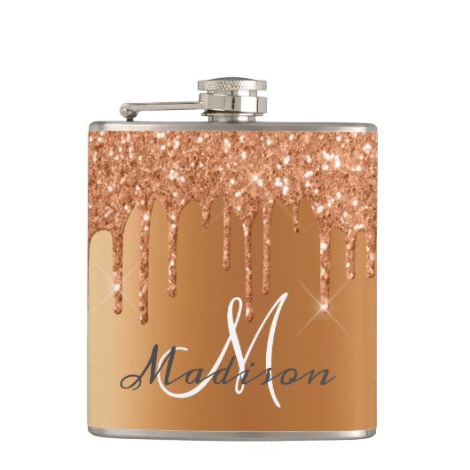 Monogram Roze Gouden Glitter Drips Meisjesachtige Heupfles (Voorkant)