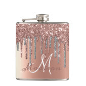 Monogram Roze Gouden Glitter Drips Meisjesachtige Heupfles (Voorkant)