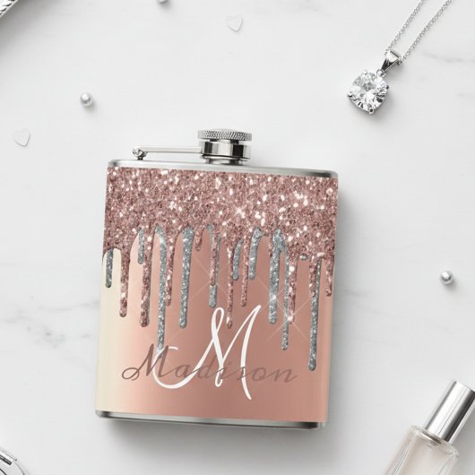 Monogram Roze Gouden Glitter Drips Meisjesachtige Heupfles