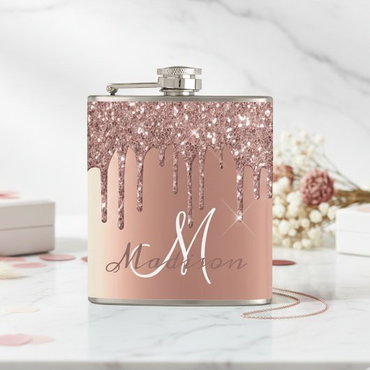 Monogram Roze Gouden Glitter Druppels Meisjesachti Heupfles