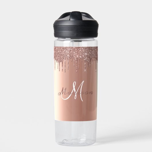 Monogram Roze Gouden Glitter Druppels Meisjesachti Waterfles (Voorkant)
