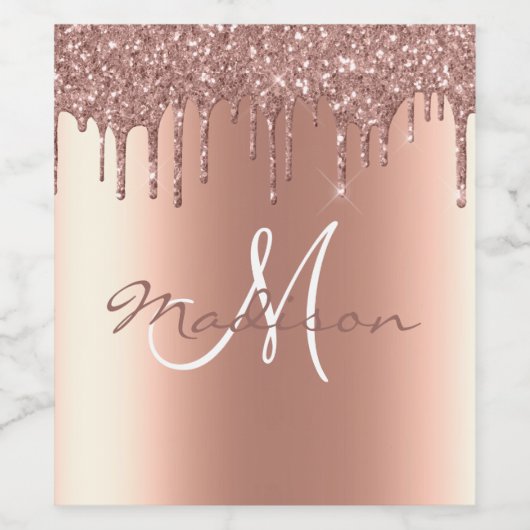 Monogram Roze Gouden Glitter Druppels Naam Custom Wijn Etiket (Enkel label)