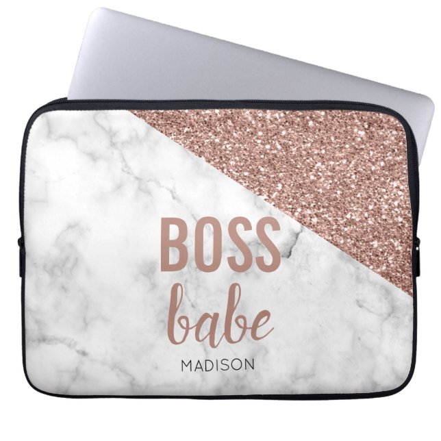 Monogram Roze Gouden Glitter | Marmer Boss Babe Laptop Sleeve (Voorkant)