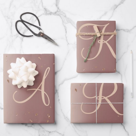 Monogram Roze Gouden Glitter Script Trendy Inpakpapier Vel (Voorkant)