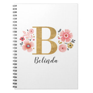 Monogram Roze Gouden Letter B Initiaal Bloemen Notitieboek