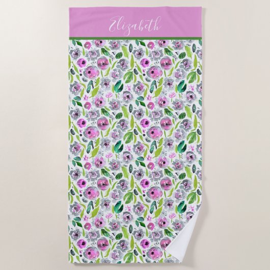Monogram Roze Grijs Groen Boho Waterverf Bloem Strandlaken (Voorkant)