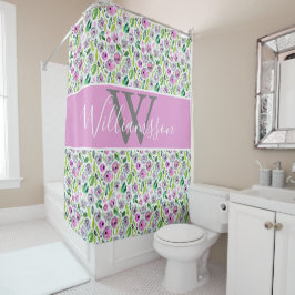 Monogram Roze Grijs Groen Boho Waterverf Bloemende Douchegordijn