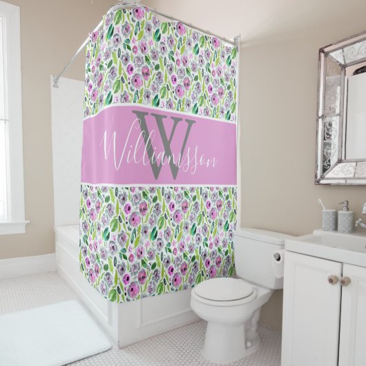 Monogram Roze Grijs Groen Boho Waterverf Bloemende Douchegordijn (In situ)