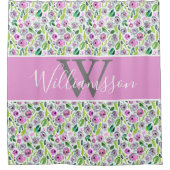 Monogram Roze Grijs Groen Boho Waterverf Bloemende Douchegordijn (Voorkant)