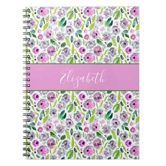 Monogram Roze Grijs Groen Boho Waterverf Bloemende Notitieboek (Voorkant)
