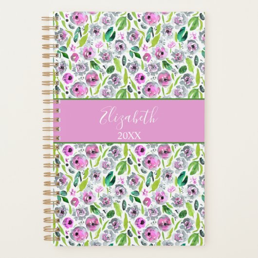 Monogram Roze Grijs Groen Boho Waterverf Bloemende Planner (Voorkant)