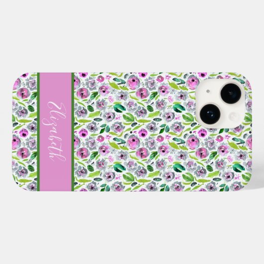 Monogram Roze Grijze Boho Waterverf Floral Case-Mate iPhone Case (Achterkant (horizontaal))