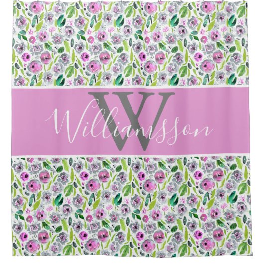 Monogram Roze Grijze Boho Waterverf Floral Douchegordijn (Voorkant)