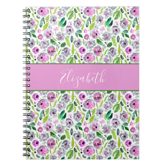Monogram Roze Grijze Boho Waterverf Floral Notitieboek (Voorkant)