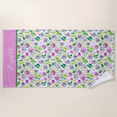 Monogram Roze Grijze Boho Waterverf Floral Strandlaken (Voorkant)