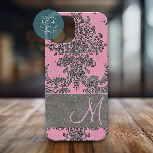 Monogram  roze grijze Damask-patroon Case-Mate iPhone Case