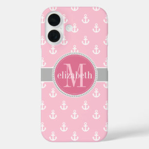 Monogram roze grijze witte scheepsankers iPhone 16 hoesje