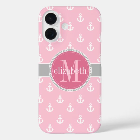 Monogram roze grijze witte scheepsankers Case-Mate iPhone case (Achterkant)
