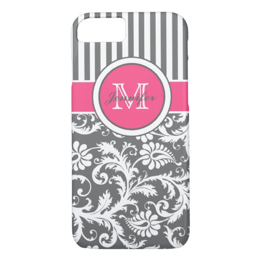 Monogram roze grijze witte streep Damask Case-Mate iPhone Case (Achterkant)