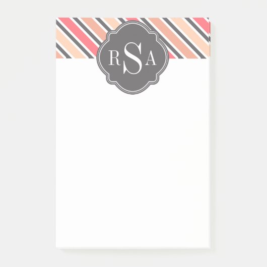 Monogram roze grijze witte streep patroon post-it® notes (Voorkant)