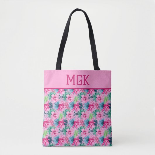 Monogram Roze Groen Blauw Bloem Bright Tropisch   Tote Bag (Voorkant)