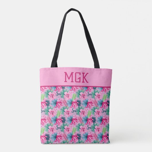 Monogram Roze Groen Blauw Bloem Bright Tropisch   Tote Bag (Achterkant)
