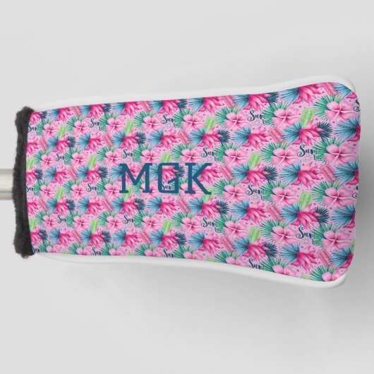 Monogram roze groen blauw Floral helder tropisch Golfheadcover (Voorkant)