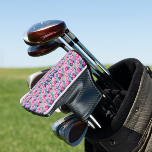 Monogram roze groen blauw Floral helder tropisch Golfheadcover (Insitu)