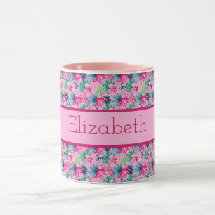 Monogram Roze Groen Blauw Tropische Bloemen Mok