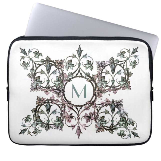Monogram Roze Groen Bloeiend Shabby Chic Sierlijk  Laptop Sleeve (Voorkant)