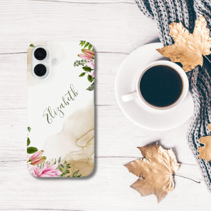 Monogram Roze Groen Goud Bloem Motief Alcohol Inkt iPhone 16 Hoesje