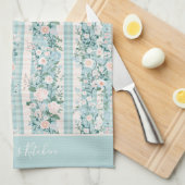 Monogram Roze Groen Pastel Bloemen Gingham Strepen Theedoek (Quarter Fold)