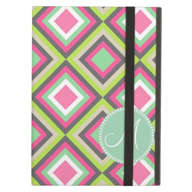 Monogram  Roze Groen Ruiten Square iPad Air Hoesje (Voorkant Gesloten)