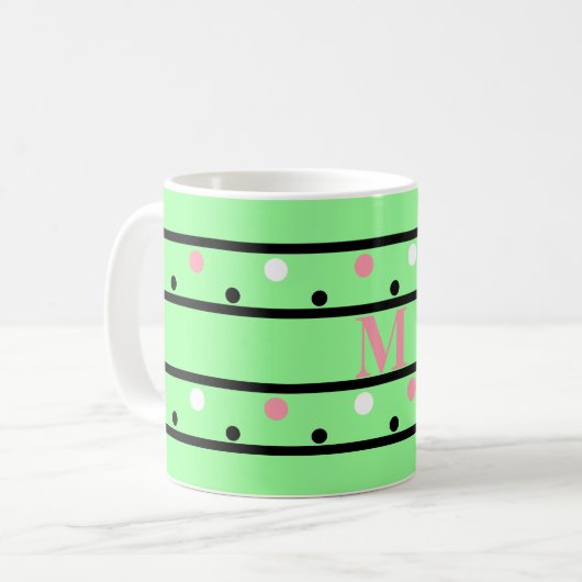 Monogram Roze Groen Witte Polka Dots Koffiemok (Voorkant links)