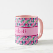 Monogram roze groene blauwe tropische bloemen mok (Voorkant rechts)