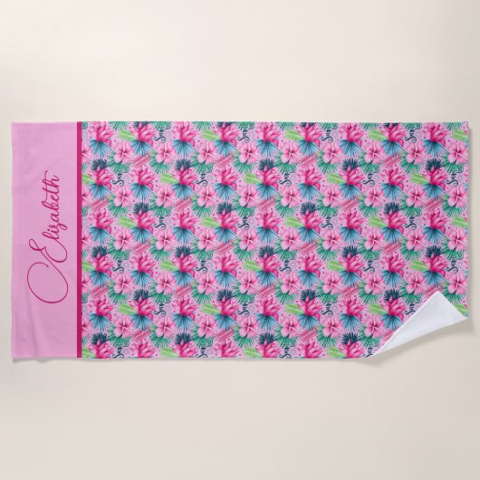 Monogram roze groene blauwe tropische bloemen strandlaken (Voorkant)