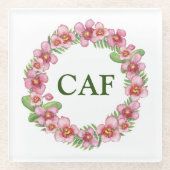 Monogram roze-groene bloemenkrans glazen onderzetter (Voorkant)