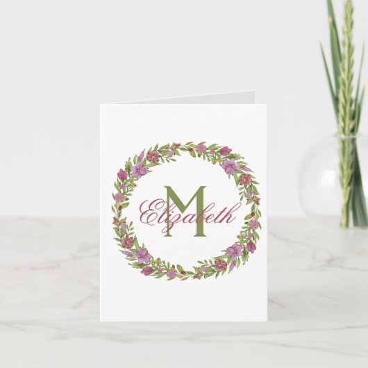 Monogram Roze Groene Bloemige Achternaam Dank je Notitiekaartje (Voorkant)