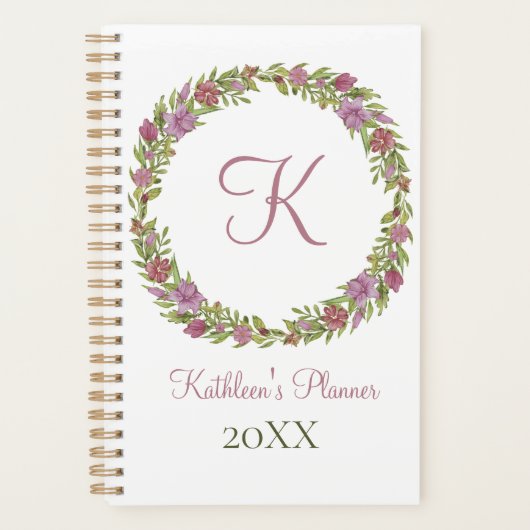 Monogram Roze Groene Bloemige Any Year Planner (Voorkant)
